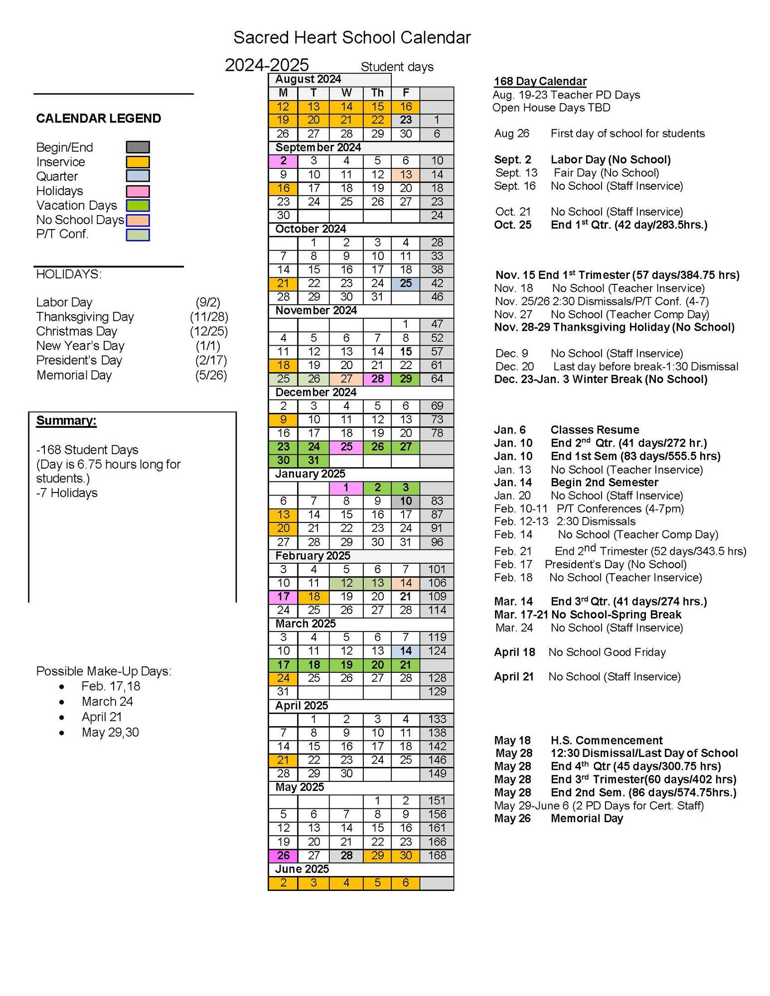 Sacred Heart School 20242025 School Calendar Spencer, IA